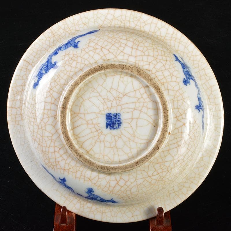 中国　乾隆年製款　哥窯　青花　漢詩鳥草龍氷裂文盤　皿　時代箱付　M　R6365