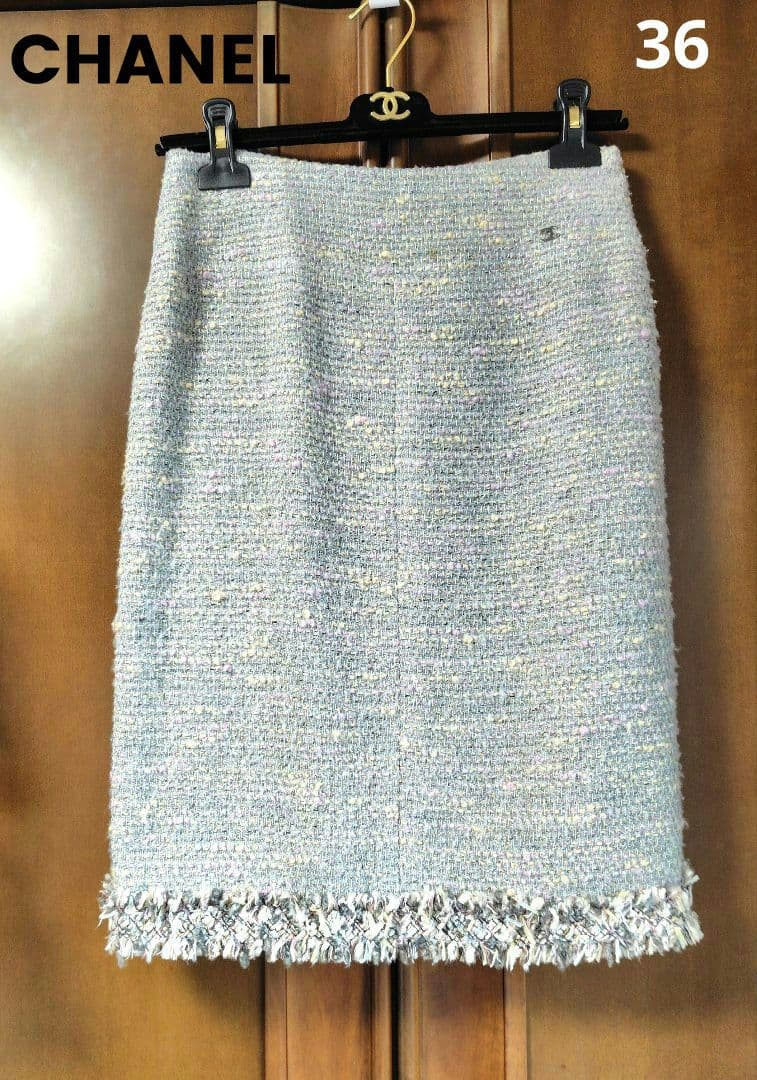 CHANEL ブルーグレー系ツイード　スカート　秋冬　フランス製