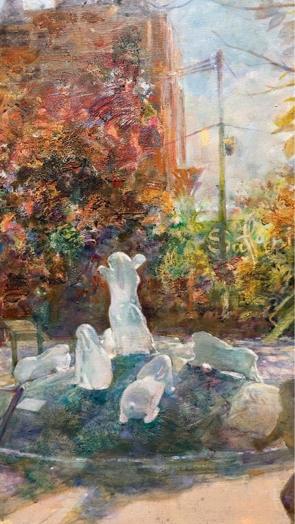 油絵 F30号 絵画 印象画 肉筆 油画 木漏れ日 広場 こどもたち キャンバス