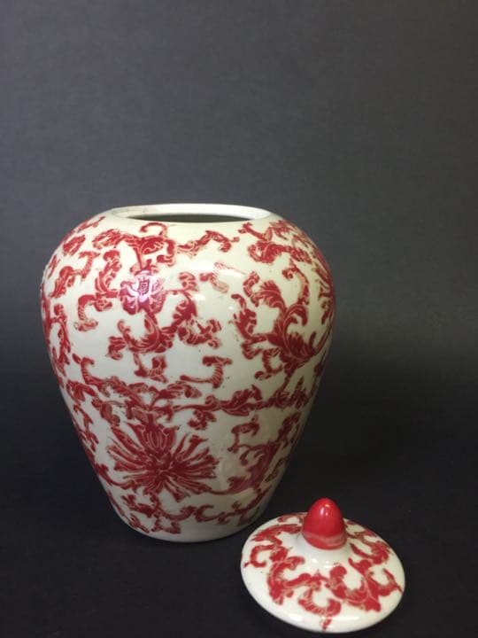 中国古玩 蓋罐 紅釉薬描き 乾隆年製落款