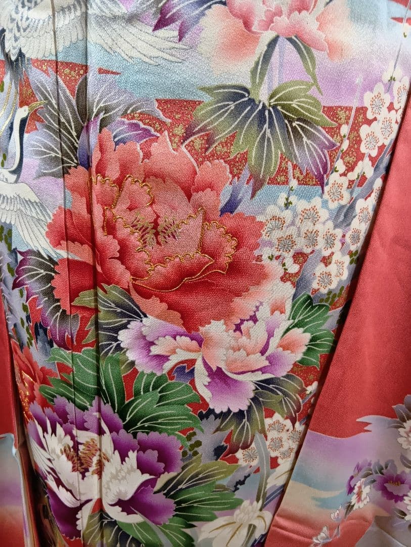 矢2626m)☆正絹☆振袖 コーラルピンク☆ 花鳥柄晴れ着成人式