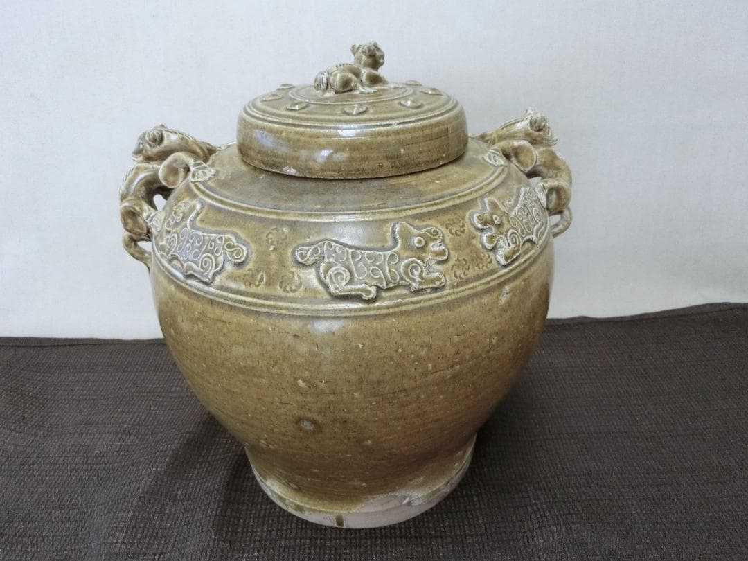 緑釉壷 蓋付 双耳壷 獣高盛文様 中国・FK】◇古董 鑑賞