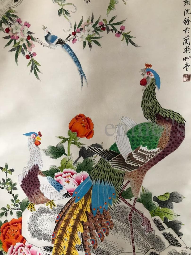中国古美術・純手描き四尺孔雀と花掛軸・国画・沈銓印款•珍品