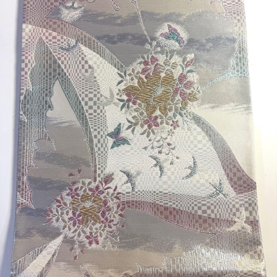 5k2218 袋帯 絹 西陣織 まいづる謹製 彩 唐織 銀色 金色 白 緑 青