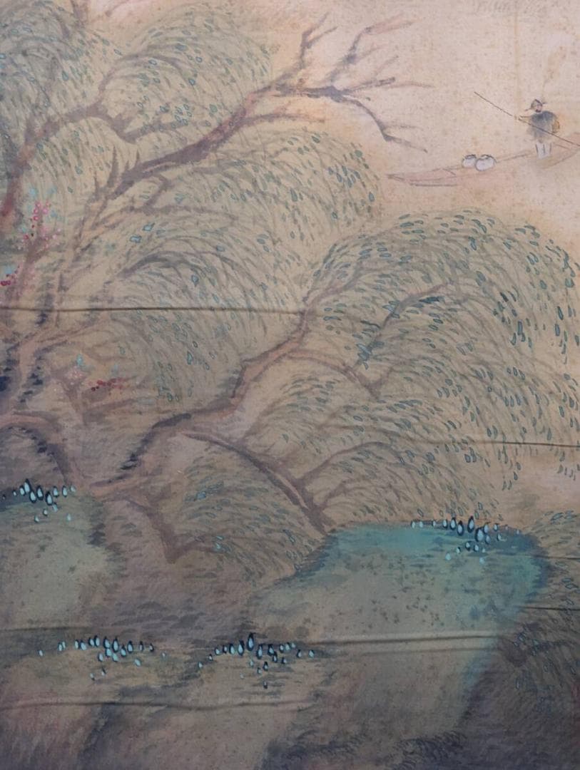 【真作】掛軸　漢詩入り山水画　淡彩の詩情画　水辺の静けさを描いた一幅　T139