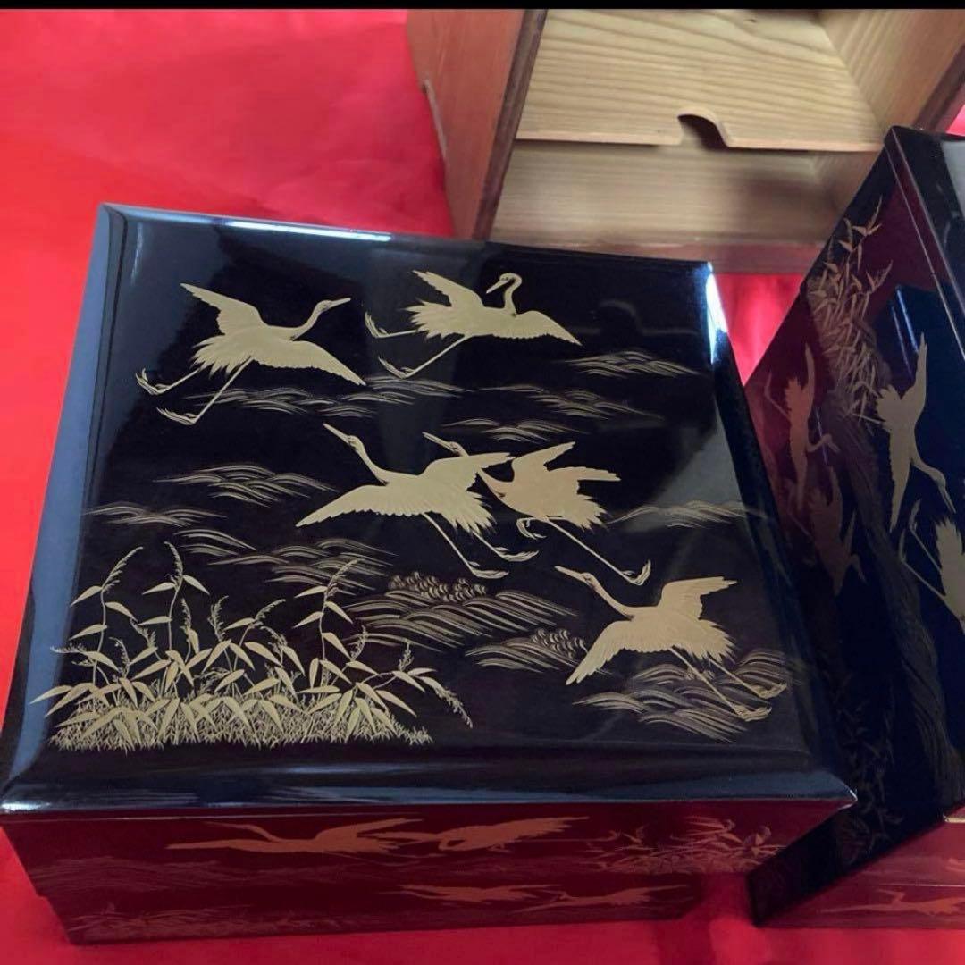 漆器 重箱 金色の鶴と波模様　輪島塗