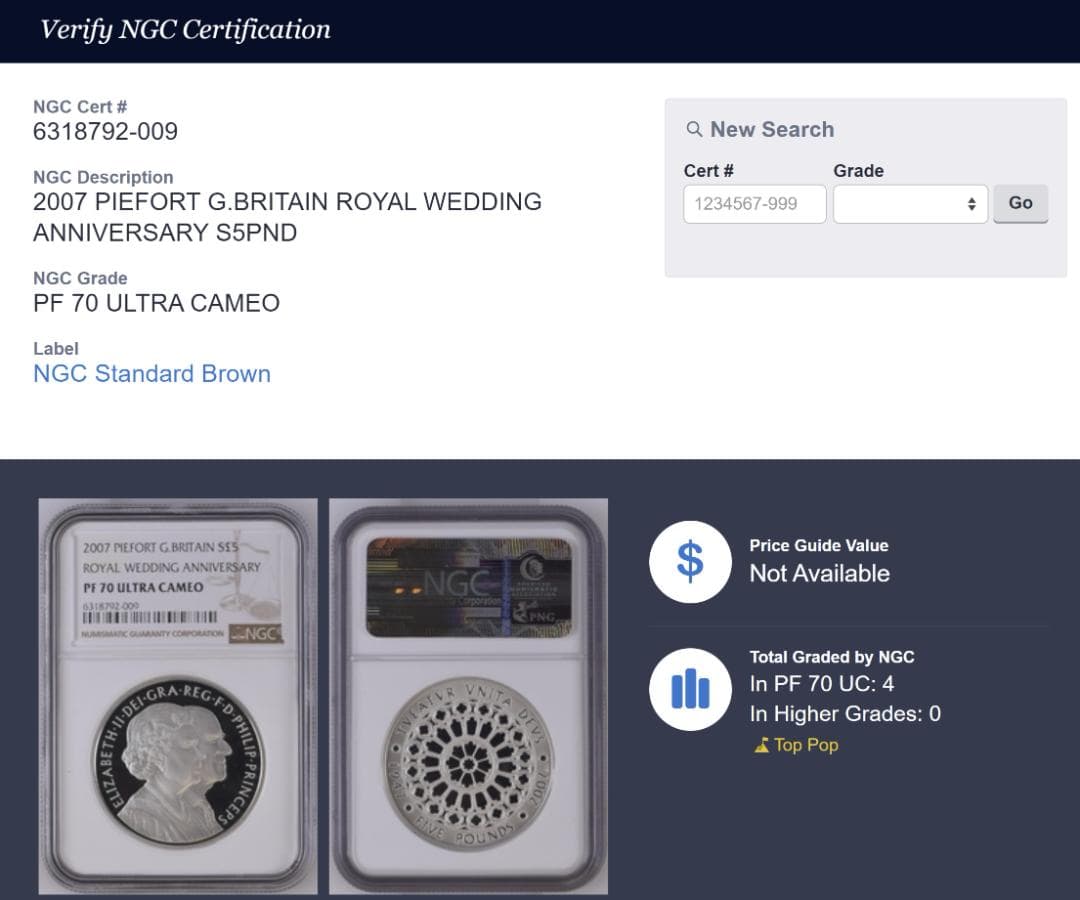NGC【最高鑑定済】エリザベス女王結婚50周年記念コインPIEFORT PF70