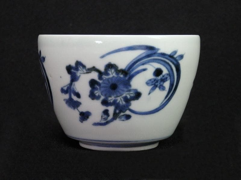 古伊万里 藍九谷 菊に蘭の図 大振蕎麦猪口 江戸中期 C552AS-