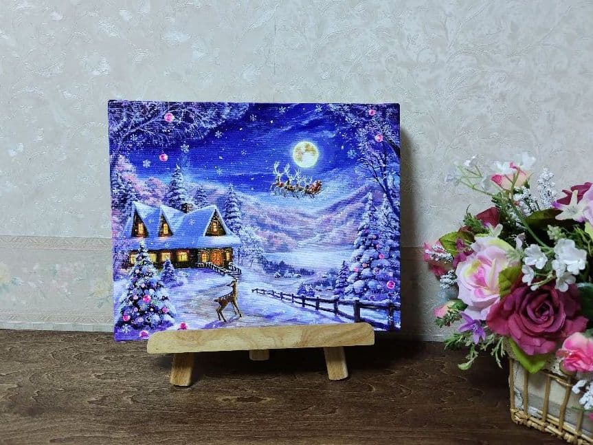 ぷ*あ様 【夜空を眺めて】アクリル画 F3 風景画 絵画 ヴィンテージ月明かり