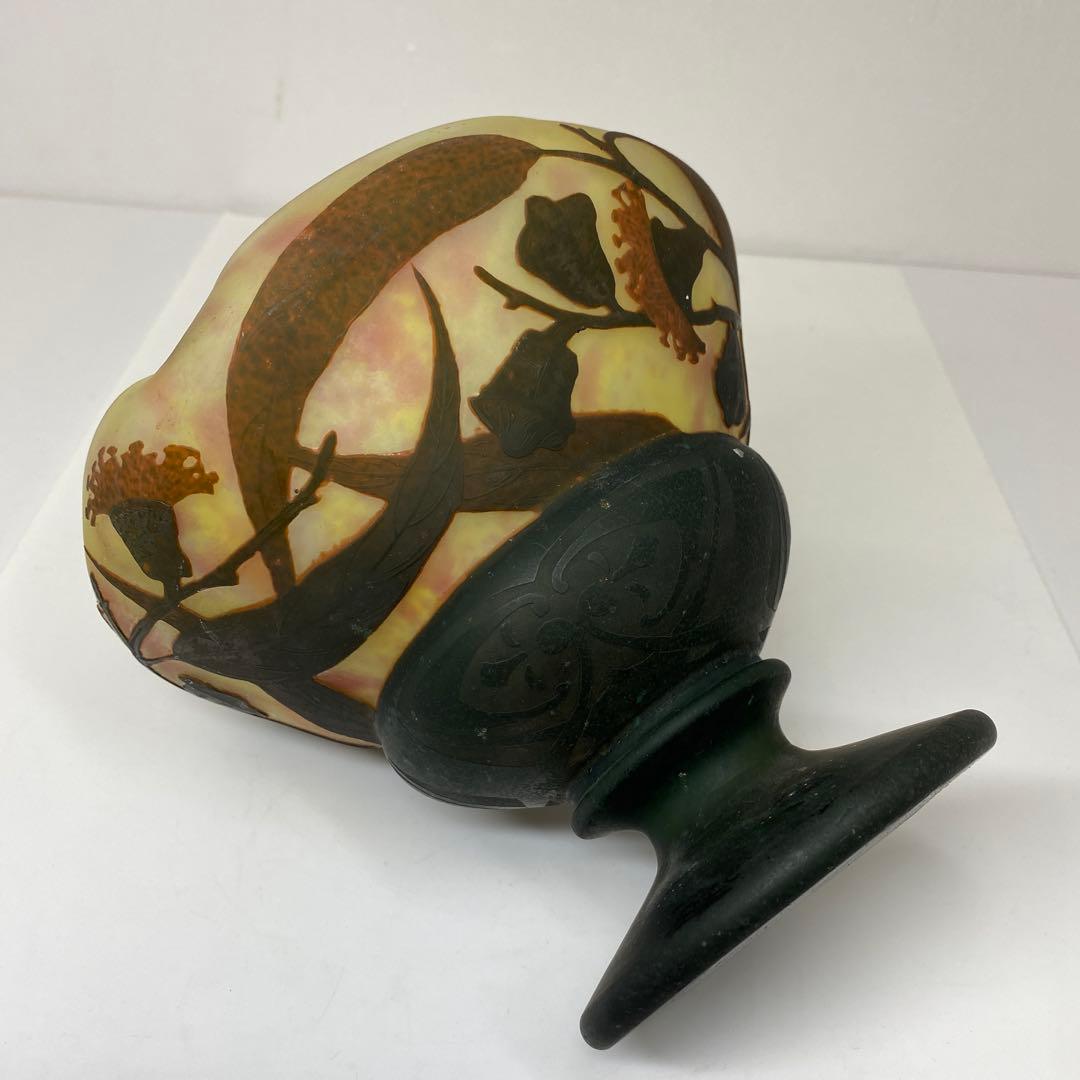 19世紀 ドームナンシー 異色ガラス溶込酸化腐食彫花瓶 東さ7-0130