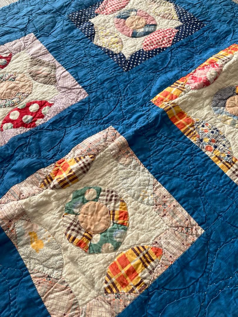 アンティーク 星 風車パッチワーク 小花青磁色刺繍 ふんわりダブル