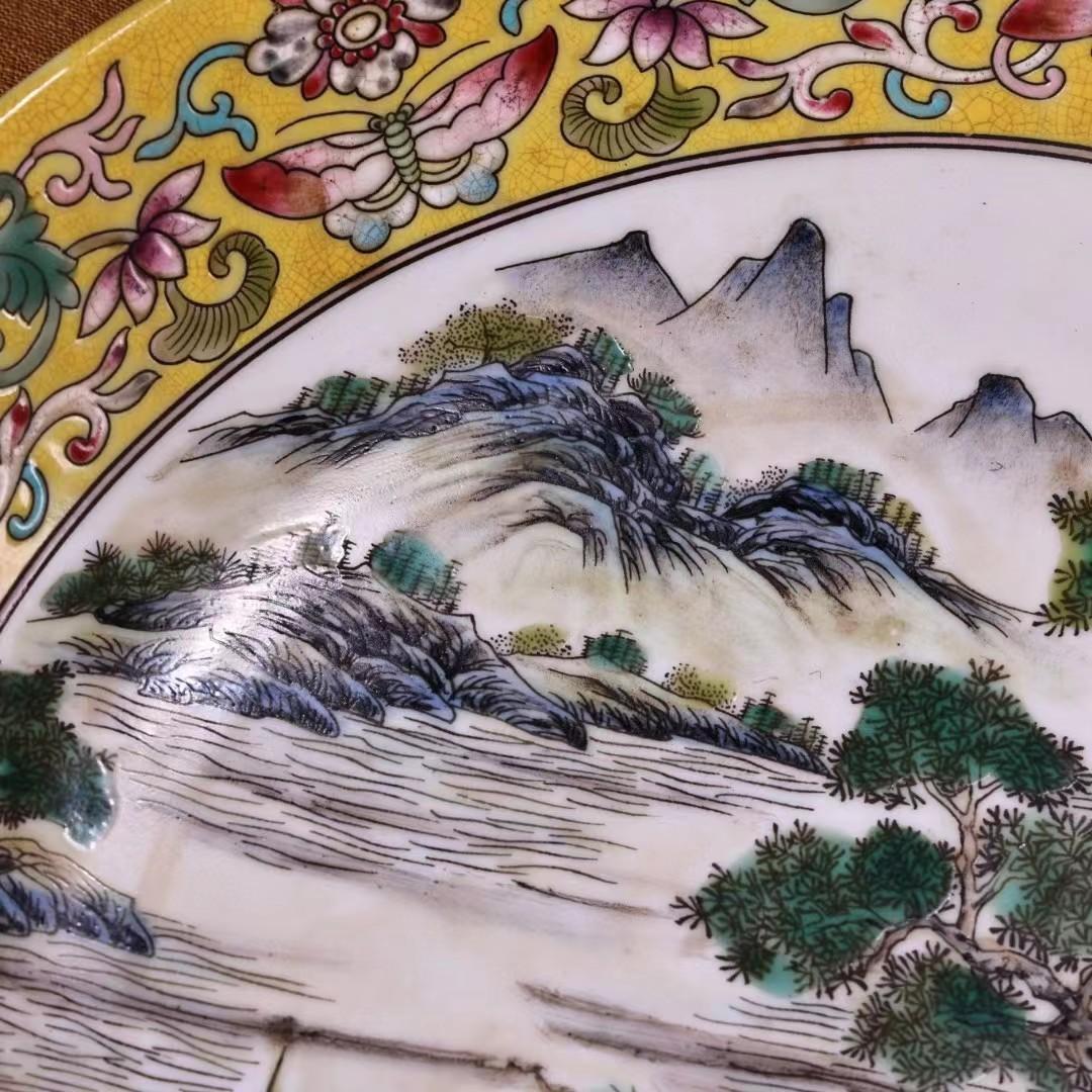 中国古美術・珍蔵粉彩・陶磁器の中皿・風景絵・置物・純手描き・刺繍