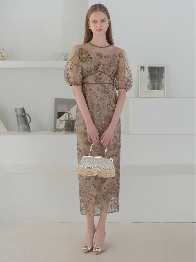 フラワーディテールパフスリーブIラインワンピースドレス結婚式二次会