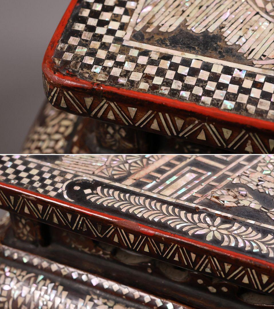 【MA732】時代 中国美術 人物文 螺鈿細工 二段卓 花台 木製 香炉台