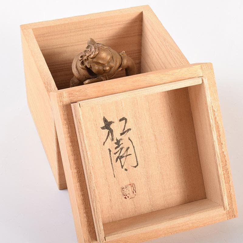 高岡銅器 二代 須賀松園造 蝋型鋳銅 「稚児雷神」 共布共箱 V R7549