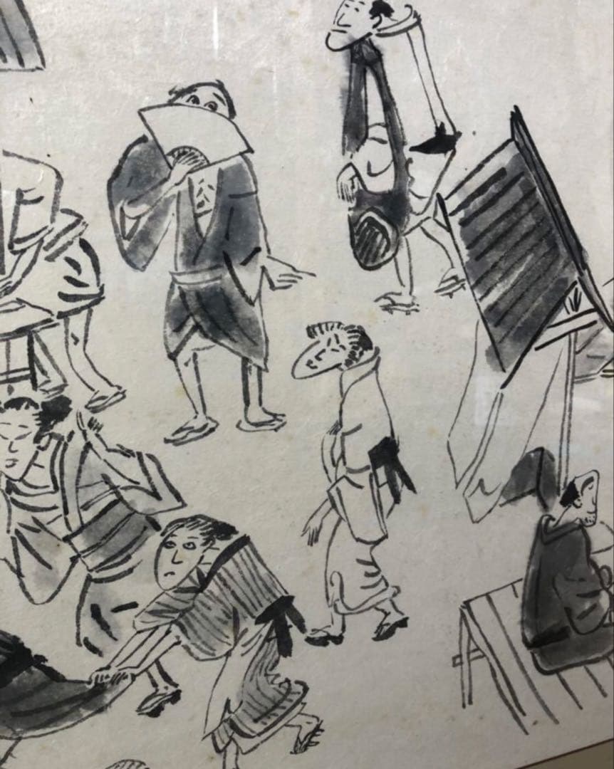 むかし絵　肉筆画　墨絵　春姿吉田の色町　額装/インテリア　絵画　水墨画