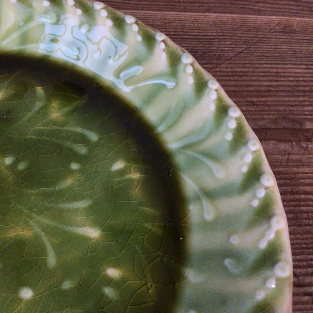 No4975 布志名焼 船木伸児 緑釉丸皿 共箱/栞付 島根県 民