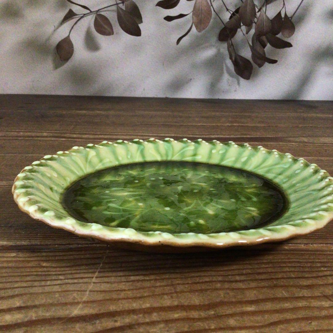 No4975 布志名焼 船木伸児 緑釉丸皿 共箱/栞付 島根県 民