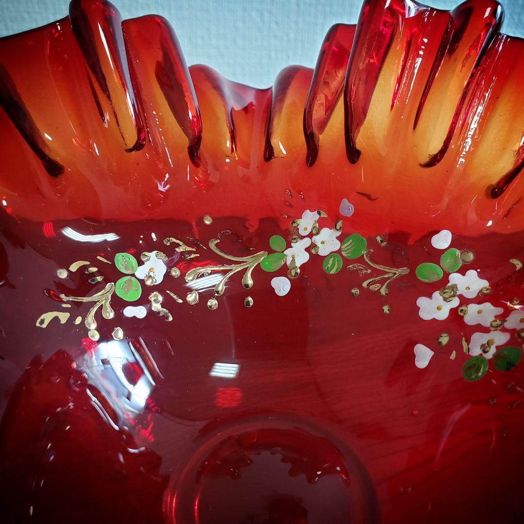 デザートグラス氷コップ色ガラス輪花ウランガラス色絵付明治大正