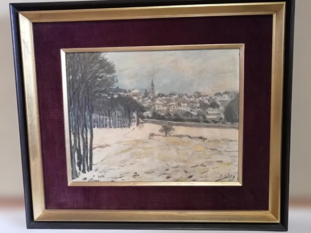 アルフレッド・シスレー「マルリー・ル・ロワの雪」油彩画プリント　額縁付き