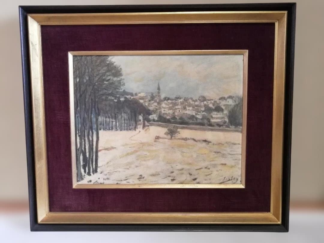 アルフレッド・シスレー「マルリー・ル・ロワの雪」油彩画プリント　額縁付き