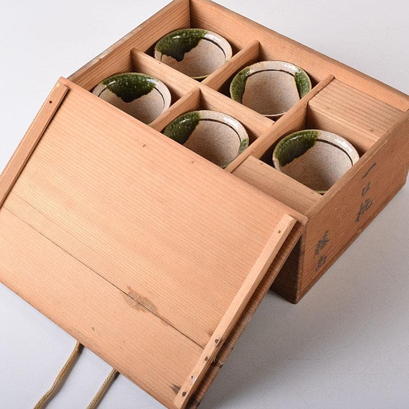 山口錠鐵作 瀬戸焼 絵織部 一口碗 五客 共箱 V R8412