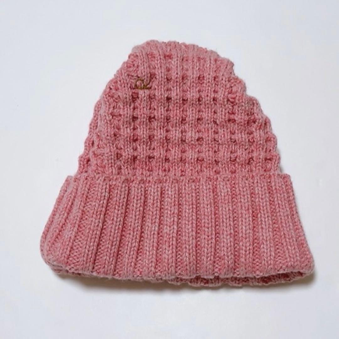 美品45R カシミヤビッグワッフルのニット帽 ピンク フリーサイズ ユニ