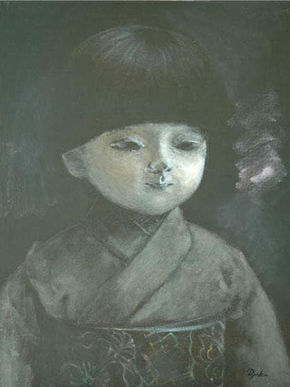 油絵 絵 絵画 インテリア 額付(白) F6-080118 市松人形 日本人形