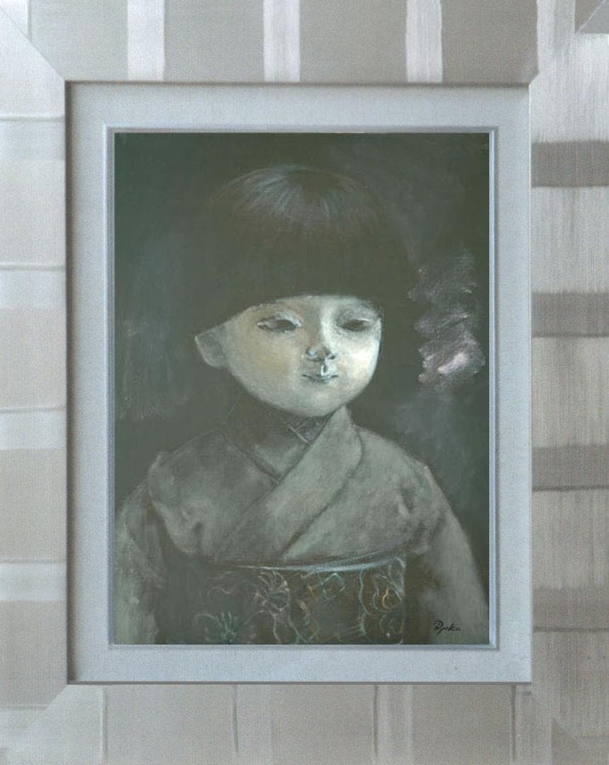 油絵 絵 絵画 インテリア 額付(白) F6-080118 市松人形 日本人形