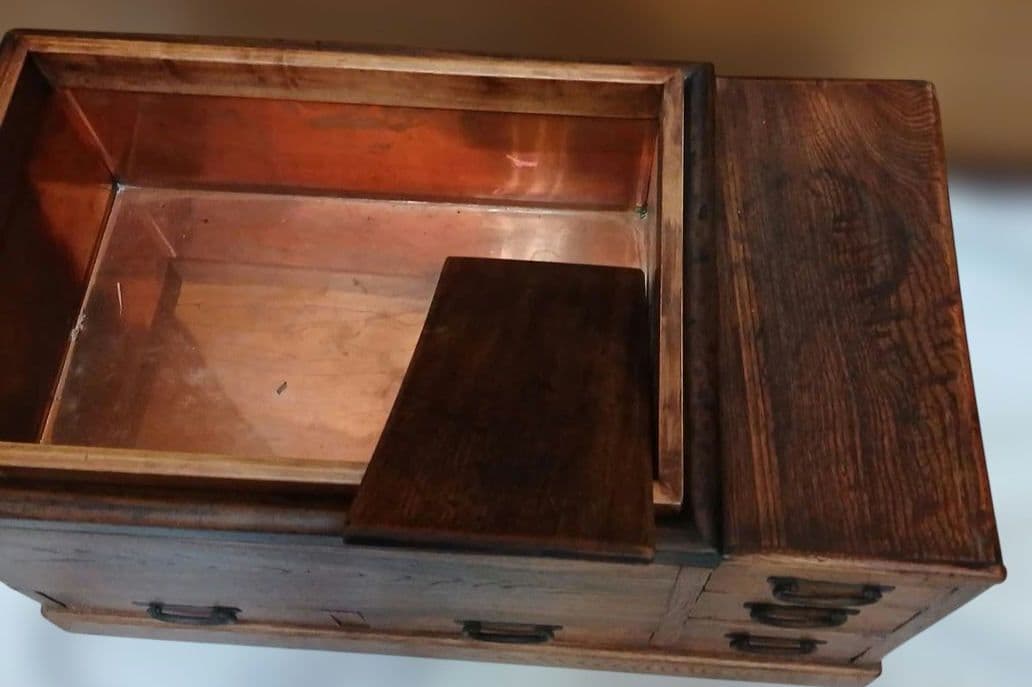 レトロ 年代物 木製火鉢 引き出し付き 銅製内装