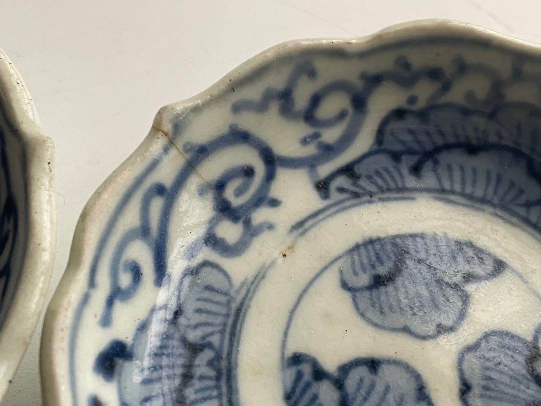 骨董　アンティーク　古伊万里　染付　唐草文様　輪花縁　豆皿　輪花皿　手塩皿　5枚