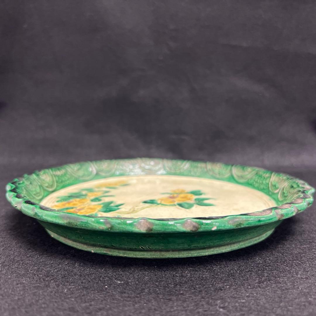 江戸中期 源内焼 椿文中皿 幅約21.5㎝ 東Y7-1226☆2F