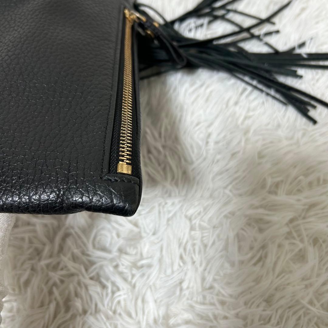 【美品✨5525gallery/フリンジ】ポーター　巾着バッグ　シボ革　ブラック