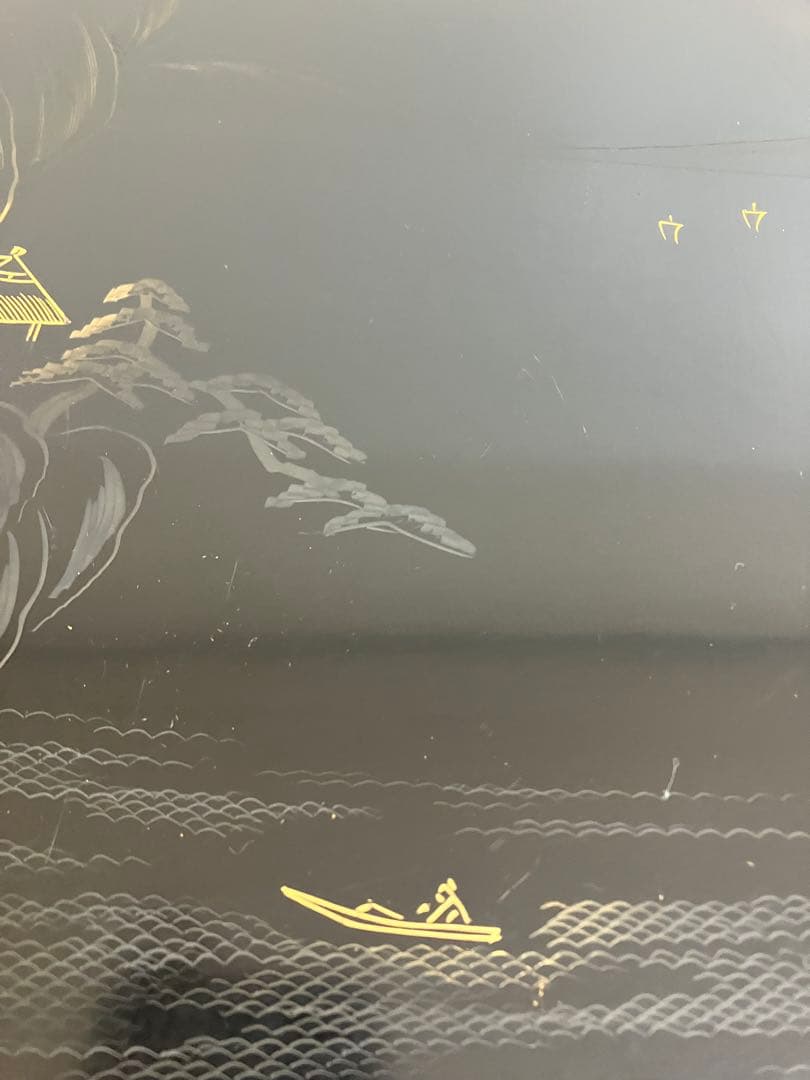 【茶道具 懐石膳 木製黒塗 沈金 山水蒔絵 10枚揃 四方膳 】天然木製 懐石盆