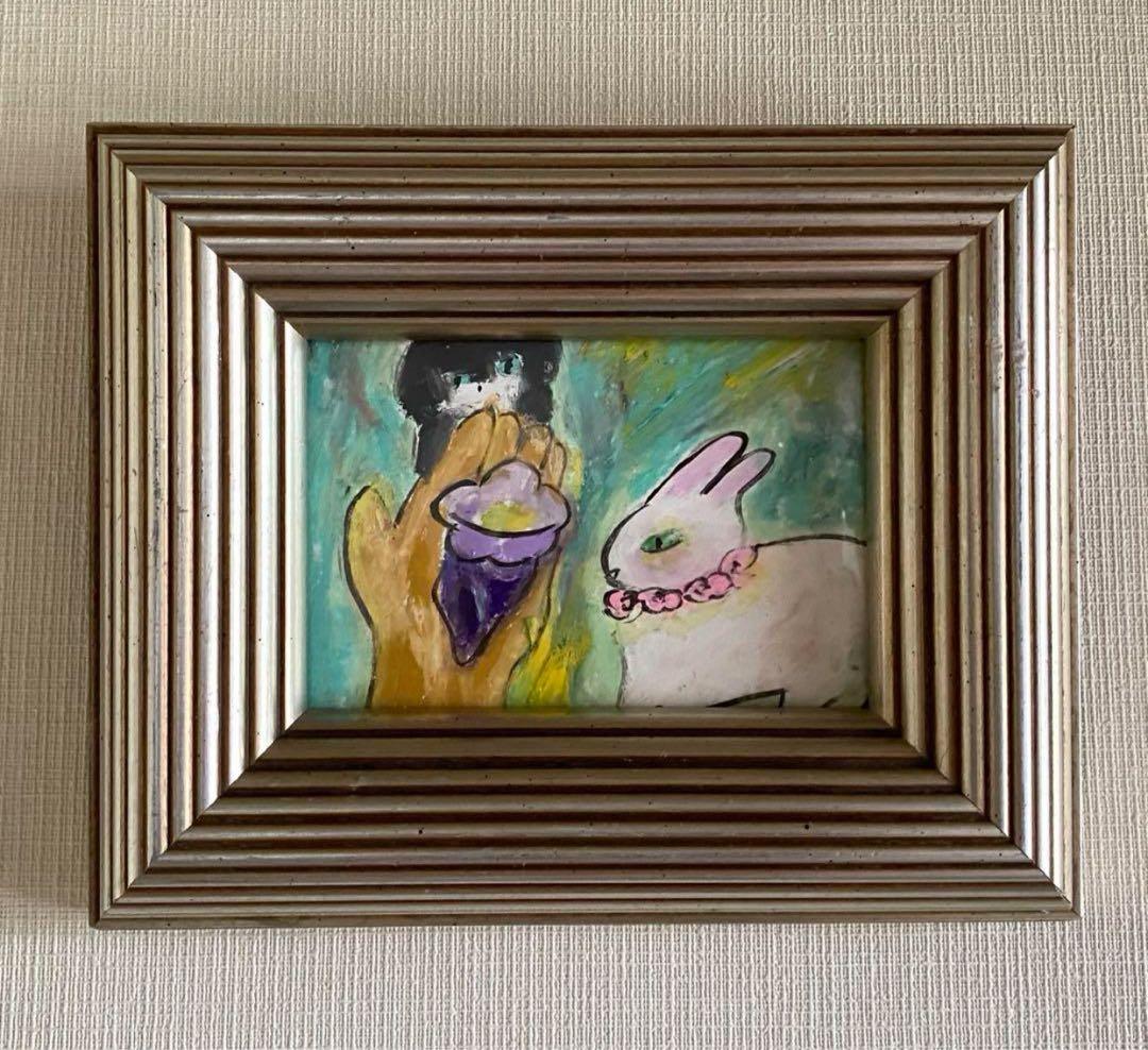 絵画。原画【手の中の紫色のアサガオ、かわいい黒猫とウサギ】