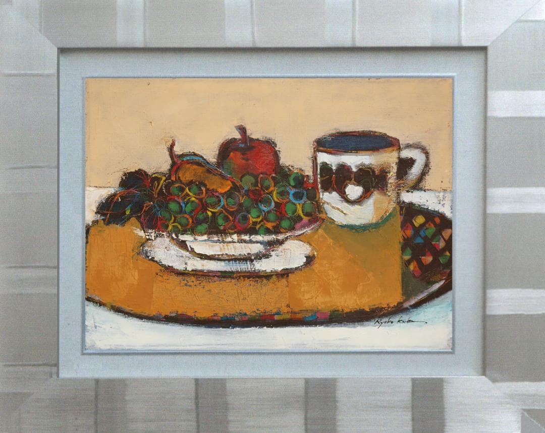 油絵 絵 絵画インテリア 額付(黒) uF6-061204 静物フルーツ カップ