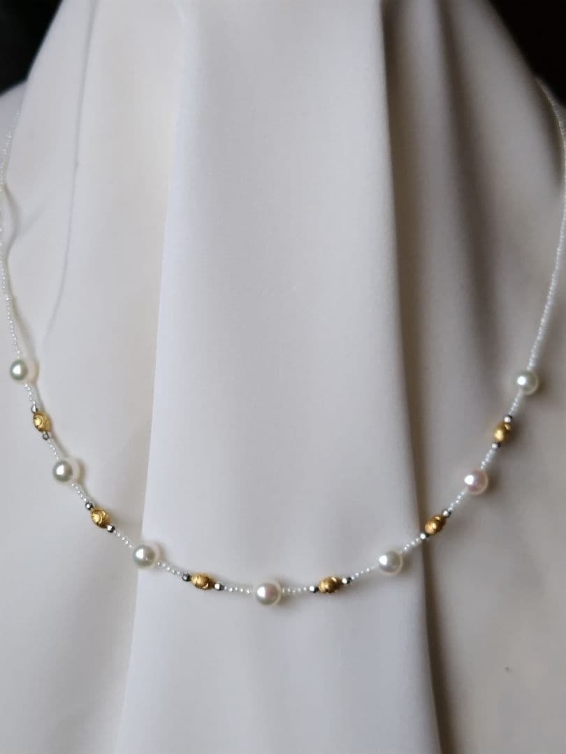K18 アコヤ真珠ベビーパール、あこや砂芥子パール、オメガ風ネックレス