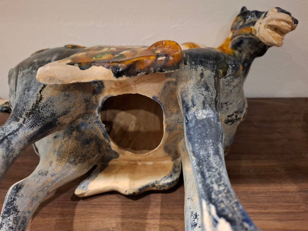 旧豪家蔵出し 唐三彩藍釉戰馬 美術品・アンティーク・コレクション