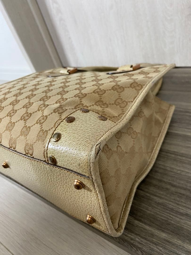 GUCCI ハンドバッグ　GG柄　キャンバス　レザー　ベージュ　スタッズ