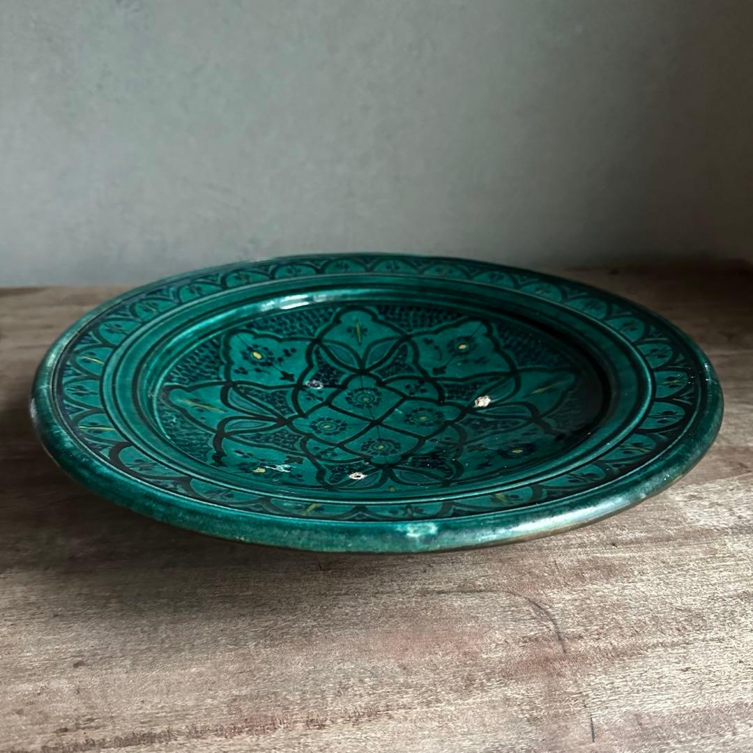 ブルガリア陶器 トロヤン焼 青釉内花柄 壁掛けデザイン 大皿 アンティーク