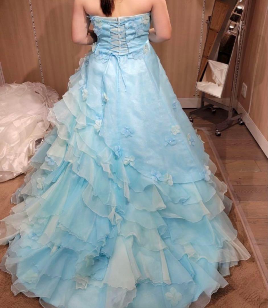 カラードレス 水色 ワンショルダー ストール・パニエ付 ウェディング 結婚式