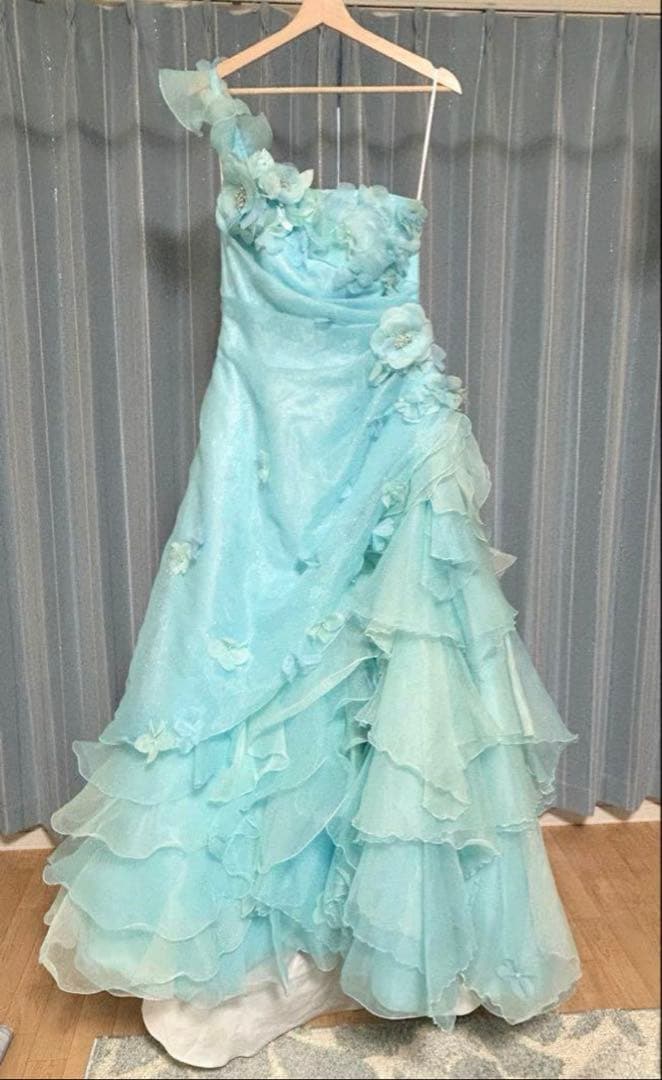 カラードレス 水色 ワンショルダー ストール・パニエ付 ウェディング 結婚式