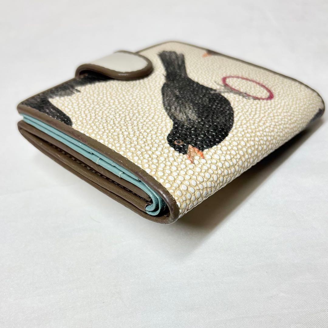 美品】 ヒロコハヤシ メルロ 薄型二つ折り財布 鳥 バード ベージュ
