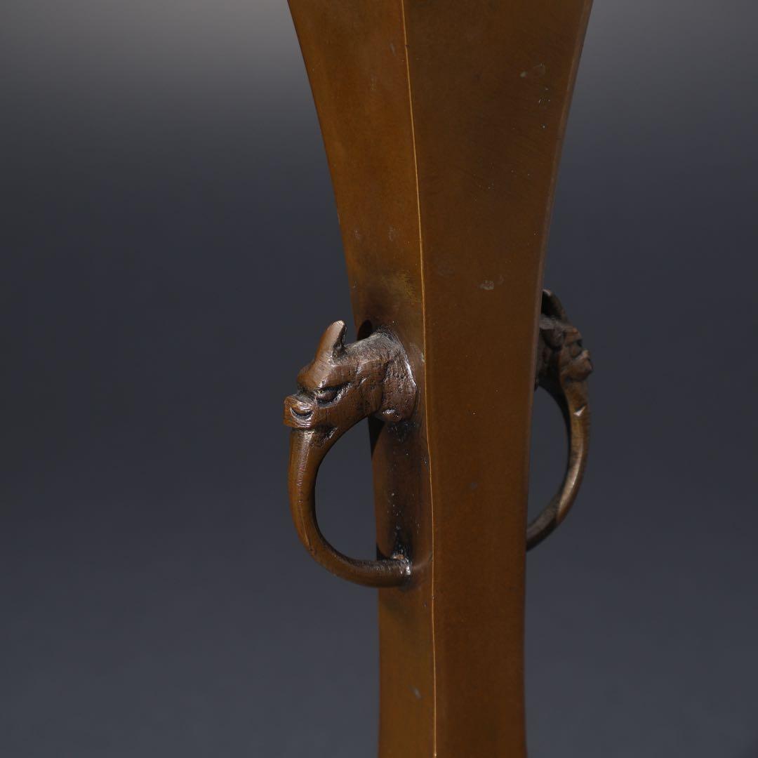 唐銅　四方形耳付き花入　花生け　桐箱　R1517ダN2