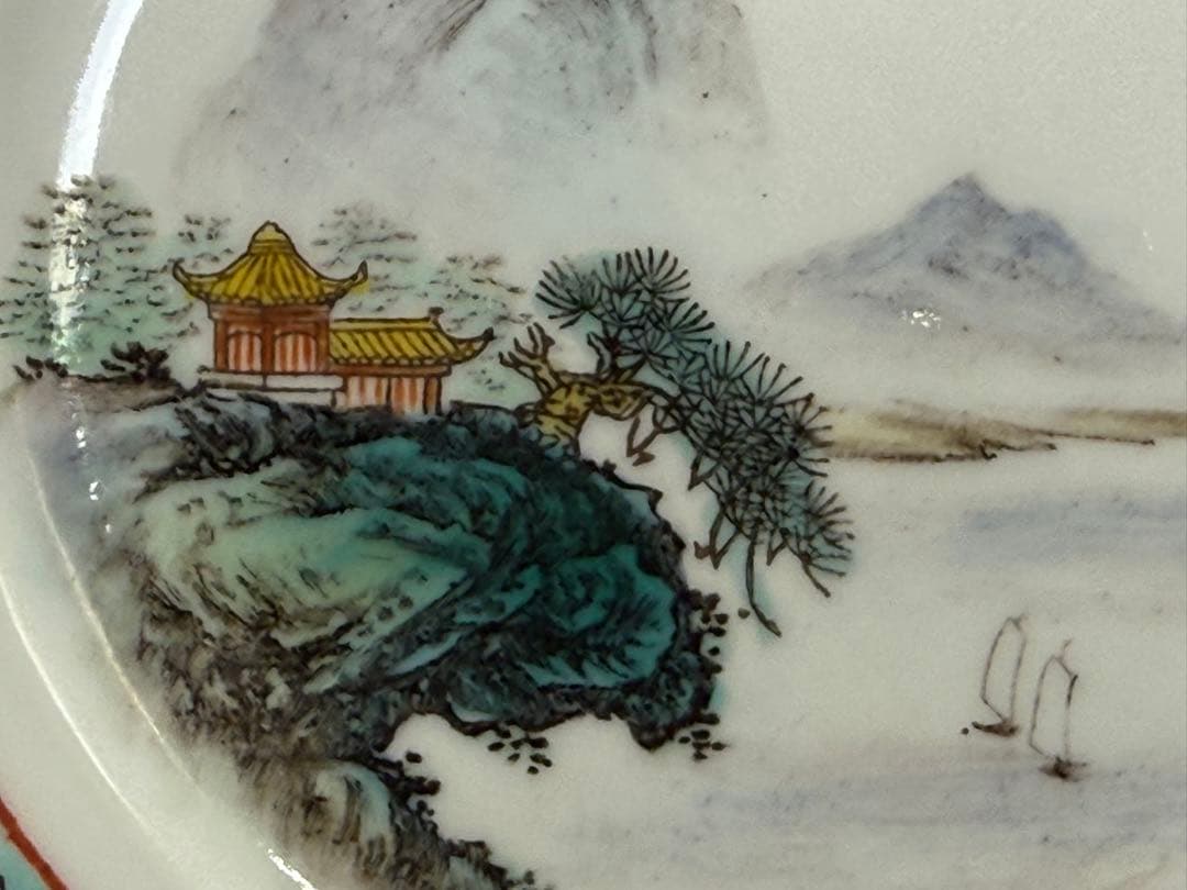 中国 1950ー1960年代 景徳鎮製 粉彩山水紋大皿小皿5点まとめ260104
