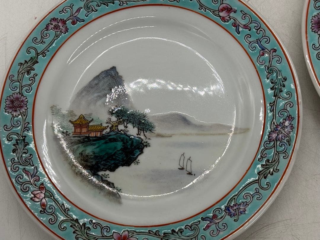 中国 1950ー1960年代 景徳鎮製 粉彩山水紋大皿小皿5点まとめ260104