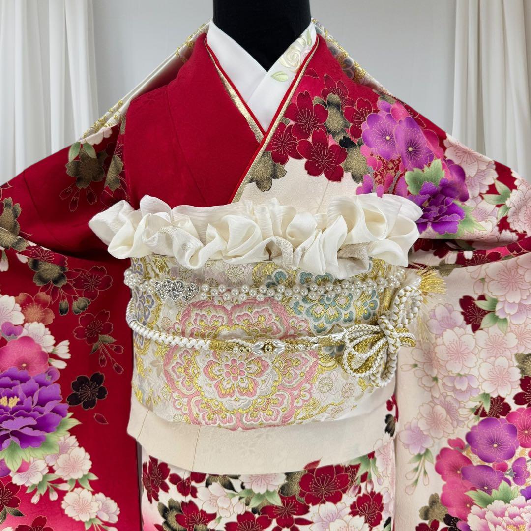 振袖8点フルセット 豪華絢爛 花丸文 桜 牡丹 刺繍 金彩 正絹 ショール