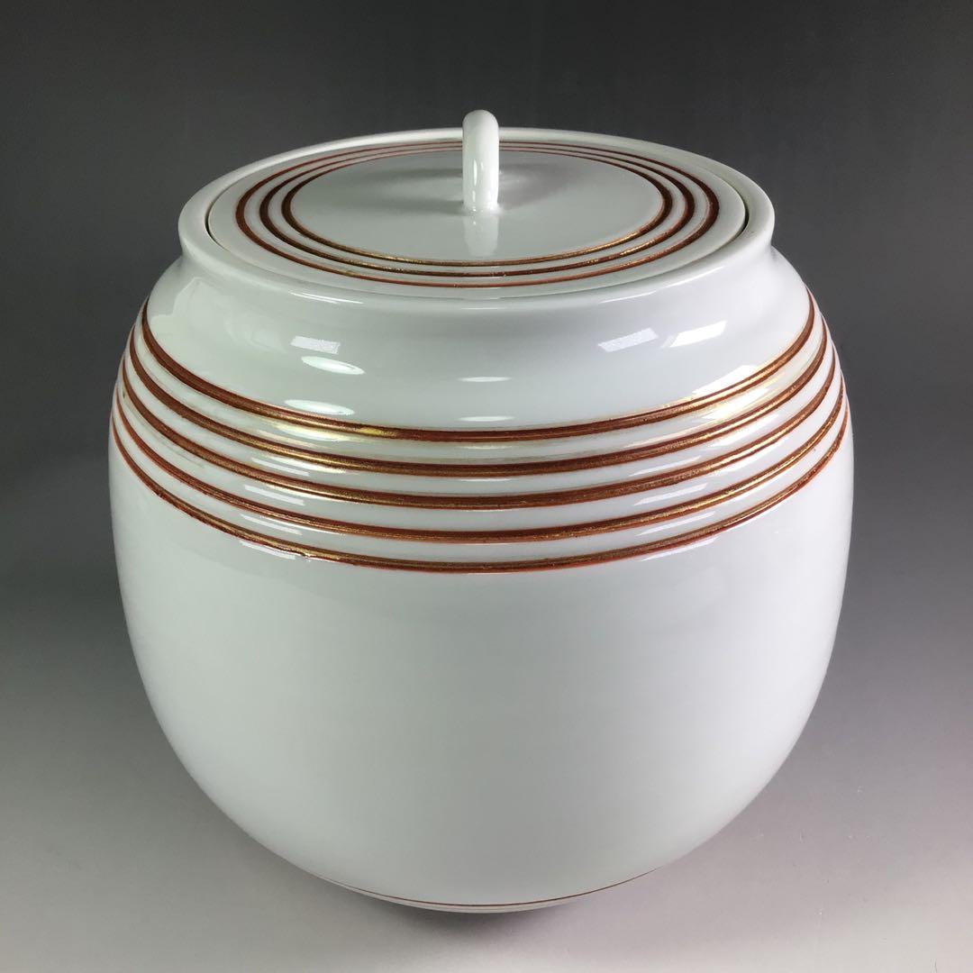 Ｒ７１４　水指　『石崎光四郎造』『而妙斎　書付』『色絵金彩線文』　共箱　茶道具