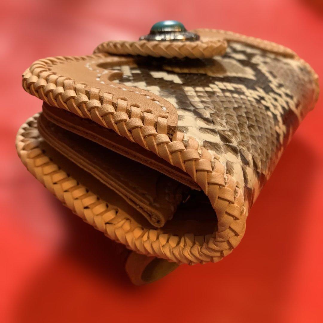ハンドメイドレザークラフトダイヤモンドパイソンミドルウォレットヌメ革牛レース編み