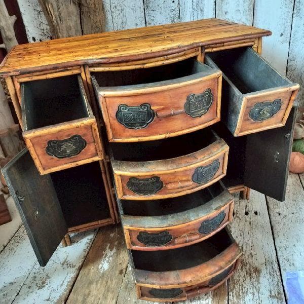 斑竹細工 煎茶棚 小箪笥 抽斗 引出 飾棚 花台 木製 漢詩金具 古美術